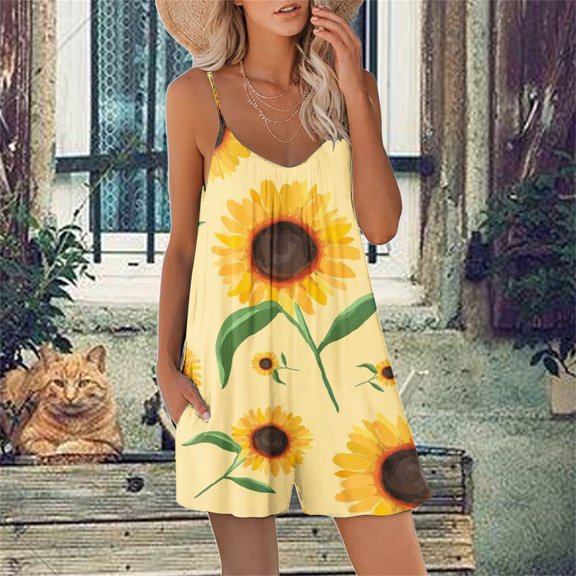Wycnly Jumpsuits for Women Dressy Beach Casual Loose Swing Spaghetti Strap Pocket Short Jumpsuits Overalls Summer V-Neck Sleeveless Sunflower Print Mini Trendy Rompers Yellow l
