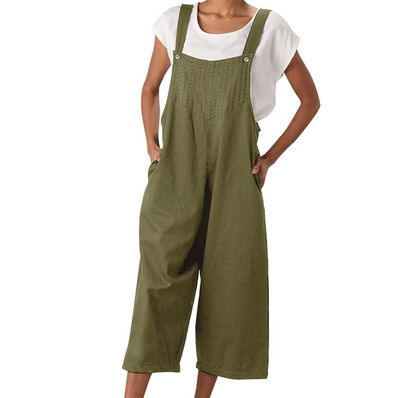 Wycnly Womens Jumpsuits Cotton Linen Plus Size Wide Leg Pocket Strap Long Jumpsuits Overalls Casual Solid Square Neck Sleeveless Maxi Summer Rompers Army Green l