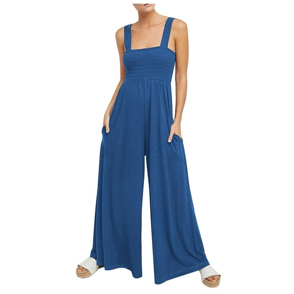 Wycnly Jumpsuits for Women Dressy Fashion Elastic Waist Loose Wide Leg Strap Pocket Long Jumpsuits Overalls Summer Square Neck Sleeveless Solid Maxi Trendy Rompers Blue m