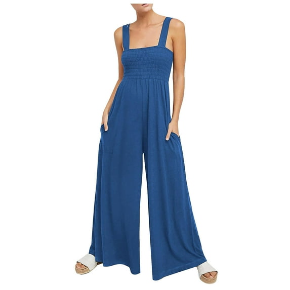 Wycnly Jumpsuits for Women Dressy Fashion Elastic Waist Loose Wide Leg Strap Pocket Long Jumpsuits Overalls Summer Square Neck Sleeveless Solid Maxi Trendy Rompers Blue xl