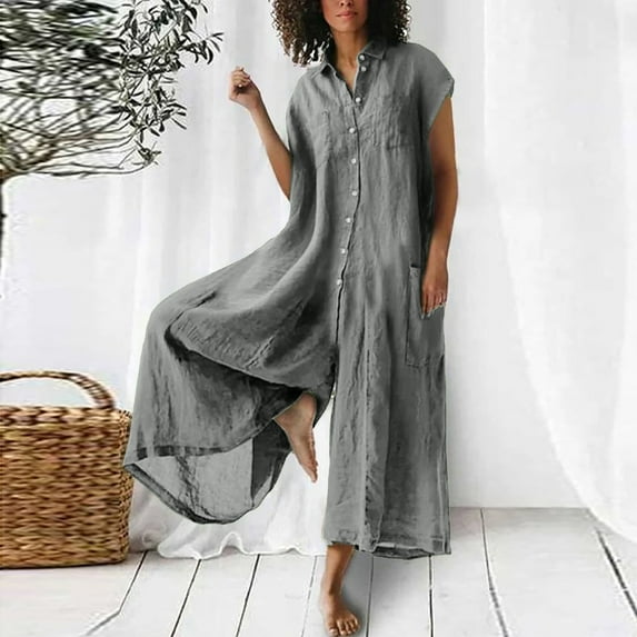 Wycnly Jumpsuits for Women Dressy Plus Size Casual Solid Button Cotton Linen Baggy Long Jumpsuits Overalls Summer V-Neck Short Sleeve Plain Maxi Trendy Rompers Gray m