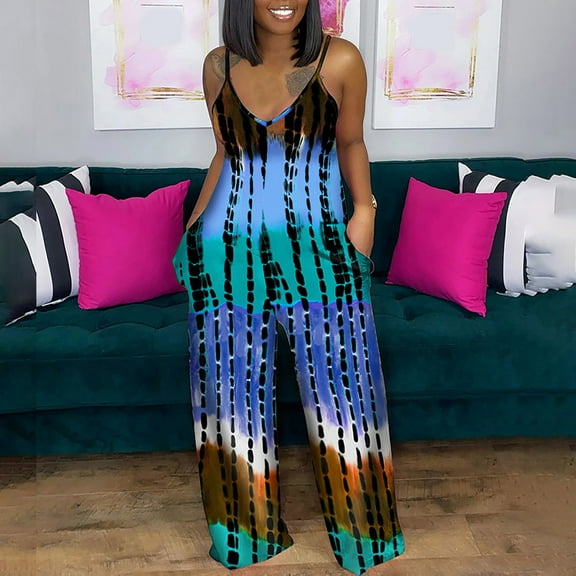 Wycnly Jumpsuits for Women Dressy Plus Size Fashion Baggy Spaghetti Strap Long Jumpsuits Overalls with Pocket Summer V-Neck Sleeveless Camouflage Maxi Trendy Rompers Blue l