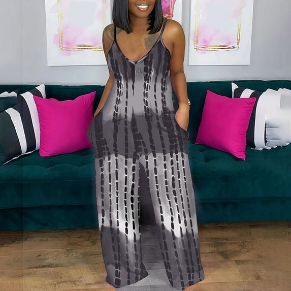 Wycnly Jumpsuits for Women Dressy Plus Size Fashion Baggy Spaghetti Strap Long Jumpsuits Overalls with Pocket Summer V-Neck Sleeveless Camouflage Maxi Trendy Rompers Gray xxxl