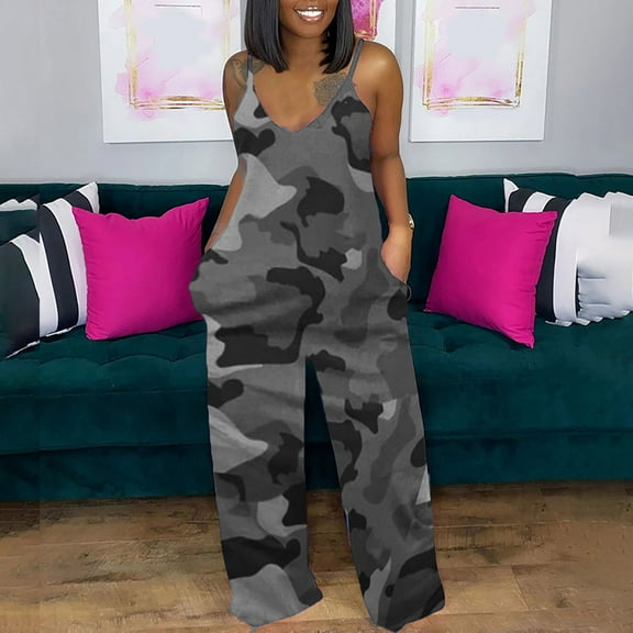 Wycnly Jumpsuits for Women Dressy Plus Size Fashion Baggy Spaghetti Strap Long Jumpsuits Overalls with Pocket Summer V-Neck Sleeveless Camouflage Maxi Trendy Rompers Black xxxl