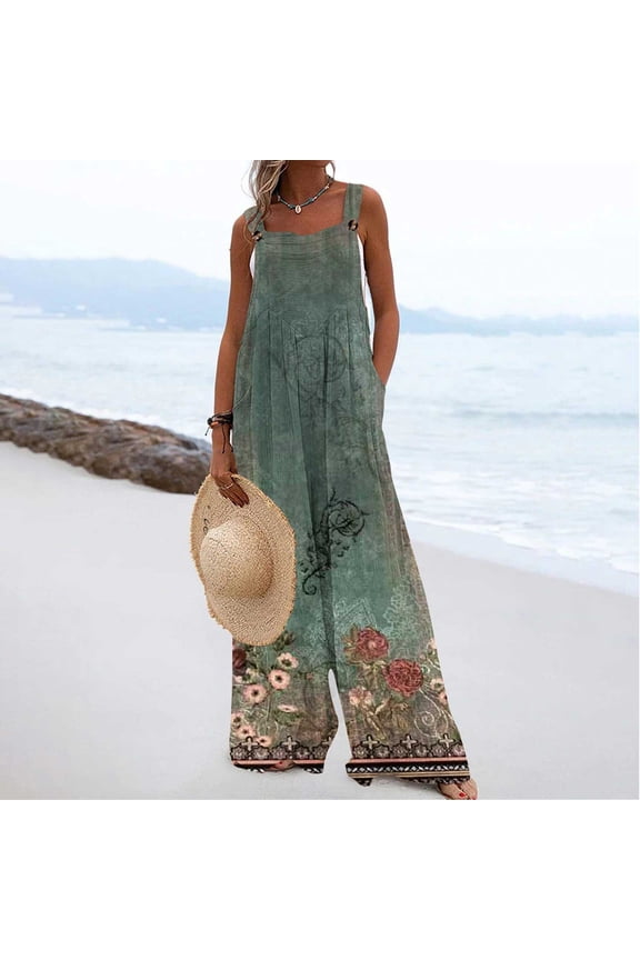 Jumpsuits for Women Dressy Vintage Pleated Wide Leg Pocket Loose Baggy Strap Jumpsuits Overalls Summer Square Neck Sleeveless Floral Print Long Trendy Rompers Green xl