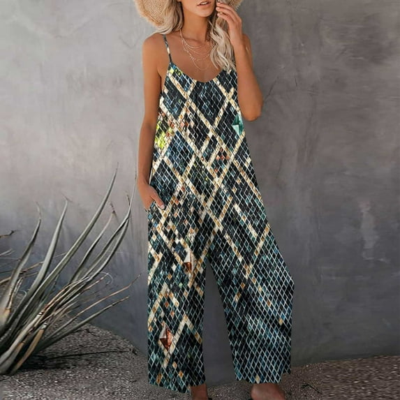 Wycnly Jumpsuits for Women Dressy Vintage Western Graphics Loose Wide Leg Strap Pocket Jumpsuist Overalls Summer V-Neck Sleeveless Ethnic Style Print Long Trendy Rompers Gold m
