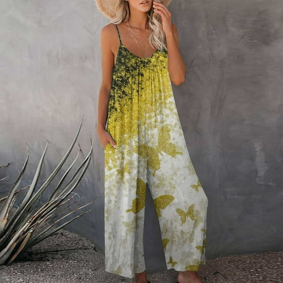 Wycnly Jumpsuits for Women Dressy Vintage Western Graphics Loose Wide Leg Strap Pocket Jumpsuist Overalls Summer V-Neck Sleeveless Ethnic Style Print Long Trendy Rompers Yellow xl