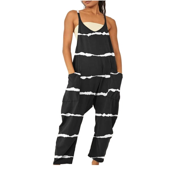 Wycnly Jumpsuits for Women Loose Wide Leg Spaghetti Strap Jumpsuits Overalls with Pocket Summer Fashion Floral Print V-Neck Sleeveless Long Rompers Black m