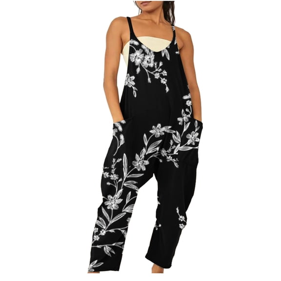 Wycnly Jumpsuits for Women Loose Wide Leg Spaghetti Strap Jumpsuits Overalls with Pocket Summer Fashion Floral Print V-Neck Sleeveless Long Rompers Dark Gray xl