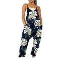 thumbnail image 1 of Wycnly Jumpsuits for Women Loose Wide Leg Spaghetti Strap Jumpsuits Overalls with Pocket Summer Fashion Floral Print V-Neck Sleeveless Long Rompers Navy s, 1 of 6
