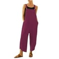 thumbnail image 1 of Wycnly Jumpsuits for Women Plus Size Wide Leg Cotton Linen Button Jumpsuits Overalls with Pocket Summer Fashion Solid Square Neck Sleeveless Long Rompers Wine l, 1 of 4