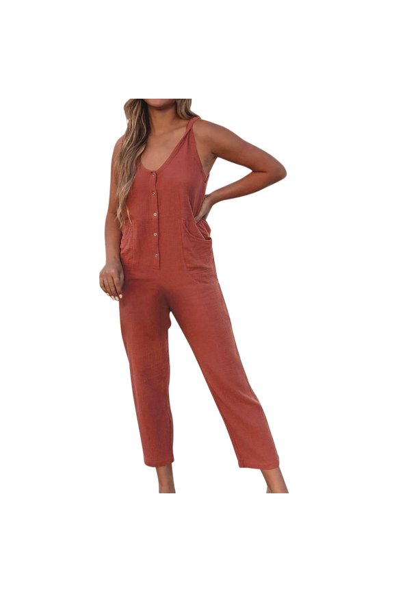 Jumpsuits for Women Dressy Button Down Pocket Long Jumpsuits Overalls Summer Sleeveless V-Neck Solid Maxi Formal Rompers Red m