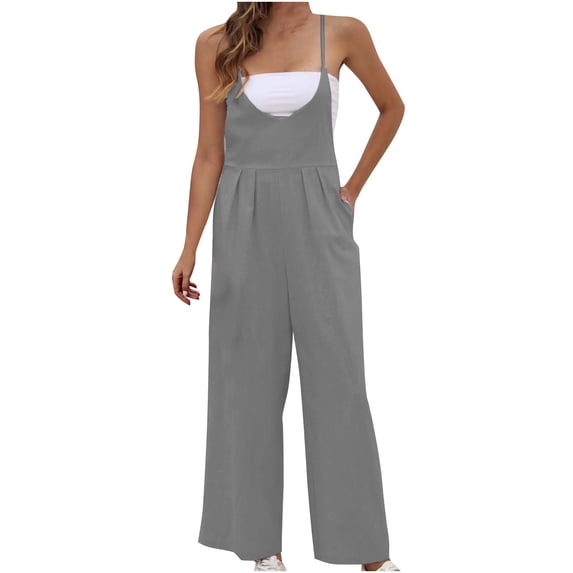 Wycnly Jumpsuits for Women Dressy Loose Wide Leg Spaghetti Strap Jumpsuits with Pocket Summer Sleeveless Crewneck Solid Long Formal Rompers Gray xxl
