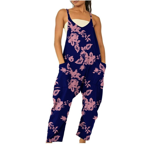 Wycnly Jumpsuits for Women Wide Leg Loose Overalls Spaghetti Strap Jumpsuits with Pocket Summer Fashion Tie-Dye V-Neck Sleeveless Long Rompers Navy s