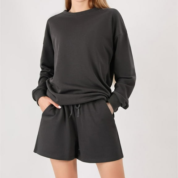 Wycnly Lounge Sets for Women Casual Solid Fall 2 Piece Outfits Crewneck Long Sleeve Pullover Sweatshirts and Drawstring Shorts Sweatsuit Loungewear under $5