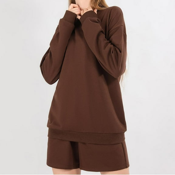Wycnly Lounge Sets for Women Casual Solid Fall 2 Piece Outfits Crewneck Long Sleeve Pullover Sweatshirts and Drawstring Shorts Sweatsuit Loungewear under $5