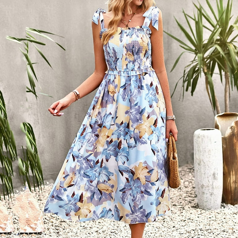 Wycnly Maxi Dresses for Women Sleeveless Square Neck Floral Print Summer  Long Dress Beach Boho Elastic Waist Flowy Swing Strap Chiffon Dresses Light