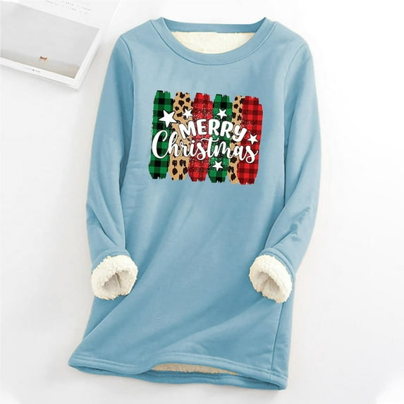 Wycnly Merry Christmas Sweater Womens Winter Thickened Fleece Lined Sweatshirt Long Sleeve Soft Cozy Plush Pullover Tops Ladies Trendy Xmas Graphics Sweatshirt Christmas Clearance