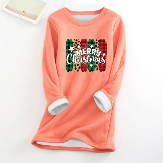 Wycnly Merry Christmas Sweater Womens Winter Thickened Fleece Lined Sweatshirt Long Sleeve Soft Cozy Plush Pullover Tops Ladies Trendy Xmas Graphics Sweatshirt Christmas