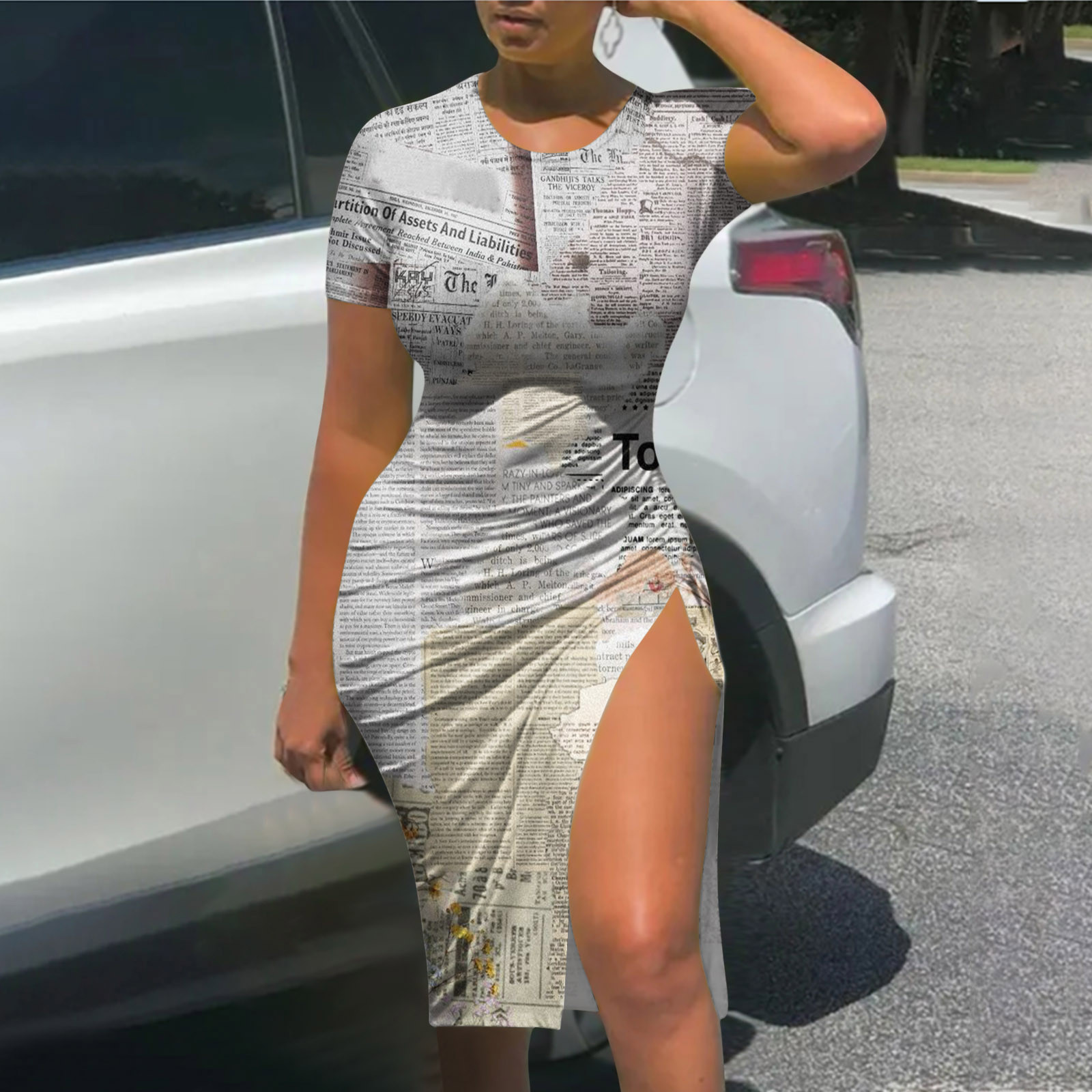 Wycnly Night Club Party Bodycon Dresses for Women Sexy Slit Drawstring News  Paper Dresses Summer Round Neck Short Sleeve Slim Midi Dress White xl -  Walmart.com