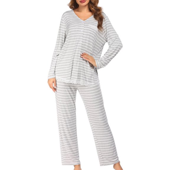 Wycnly Pajamas Set for Women Sexy Lace Trim 2 Piece Sleepwear Outfits Button Down Long Sleeve Pullover Long Pants Homewear Lounge Sets under $5