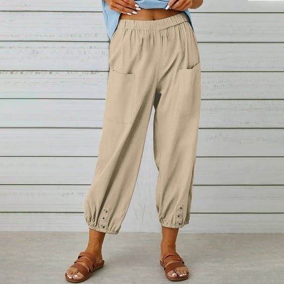 Wycnly Pants for Women Casual Pants for Womens Fashion Elastic Waist Solid Cotton Linen Long Pants Vintage Cotton Linen Loose Button Jogger Trousers with Pocket