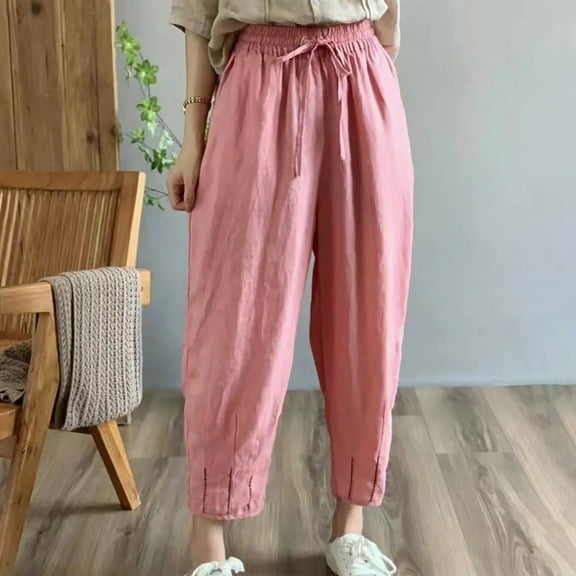 Wycnly Pants for Women Womens Elastic Waist Drawstring Pants Casual Solid Loose Straight Leg Harem Trousers Fall Cotton Linen Leisure Ladies Long Pants with Pocket