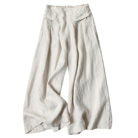 Wycnly Pants for Women Plus Size Pants for Women Casual Mid Waist Solid Loose Wide Leg Pocket Long Pants Vintage Breathable Cotton Palazzo Trousers