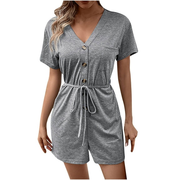 Wycnly Rompers for Women Casual Summer Button up Elastic Waist Straight Leg Pocket Short Jumpsuits V-Neck Short Sleeve Formal Solid Mini Womens Jumpsuits on