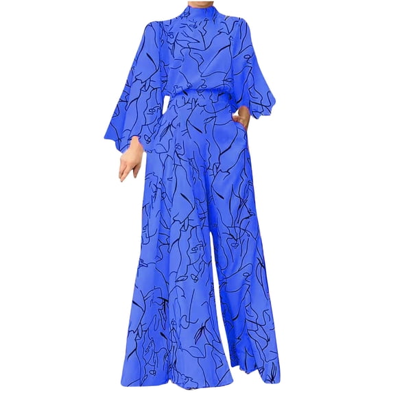 Wycnly Rompers for Women Fashion Business Empire Waist Plus Size Loose Wide Leg Long Jumpsuits Half High Neck Long Sleeve Formal Striped Print Maxi Womens Jumpsuits on