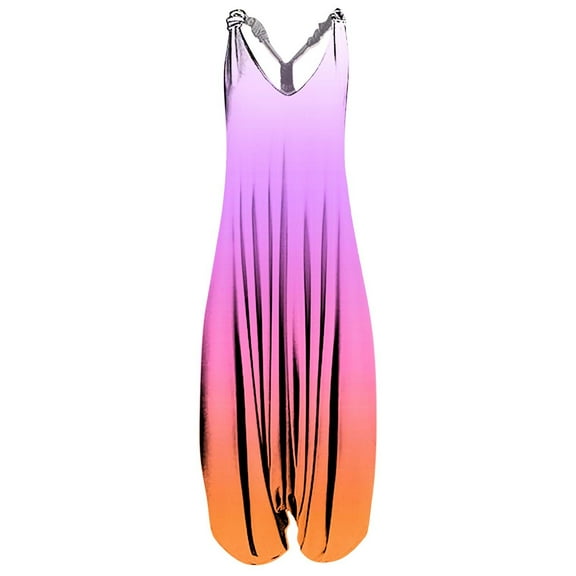 Wycnly Rompers for Women Fashion Loose Baggy Backless Strap Ladies Long Jumpsuits Casual Summer V-Neck Sleeveless Formal Gradient Print Maxi Womens Jumpsuits on