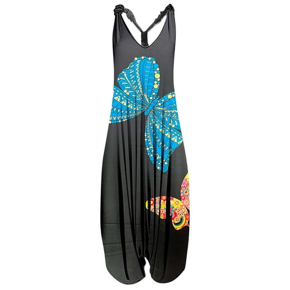Wycnly Rompers for Women Summer Beach Boho Loose Baggy Strap Ladies Dressy Casual Jumpsuits Overalls V-Neck Sleeveless Formal Butterfly Print Long Womens Jumpsuits on