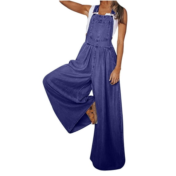 Wycnly Rompers for Women Summer Casual Loose Wide Leg Vintage Stretchy Denim Strap Long Jumpsuits Overalls Square Neck Sleeveless Formal Solid Maxi Womens Jumpsuits on