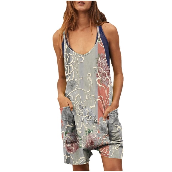 Wycnly Rompers for Women Summer Plus Size Casual Pocket Loose Strap Short Jumpsuits Overalls V-Neck Sleeveless Formal Floral Print Mini Womens Jumpsuits on
