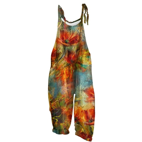 Wycnly Rompers for Women Vintage Cotton Linen Loose Baggy Adjustable Strap Long Jumpsuits Casual Summer Crewneck Sleeveless Formal Floral Print Maxi Womens Jumpsuits on