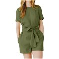 thumbnail image 1 of Wycnly Rompers for Women Vintage Cotton Linen Loose Pocket Belt Short Jumpsuits Casual Summer Crewneck Short Sleeve Formal Solid Mini Womens Jumpsuits on, 1 of 6