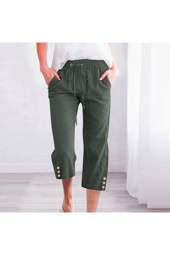 on Sale Capri Pants for Women Womens Drawstring Elastic Waist Capris Pants Summer Casual Plus Size Button Straight Leg 3/4 Trousers Comfy Cotton Linen Pocket Cropped Pants
