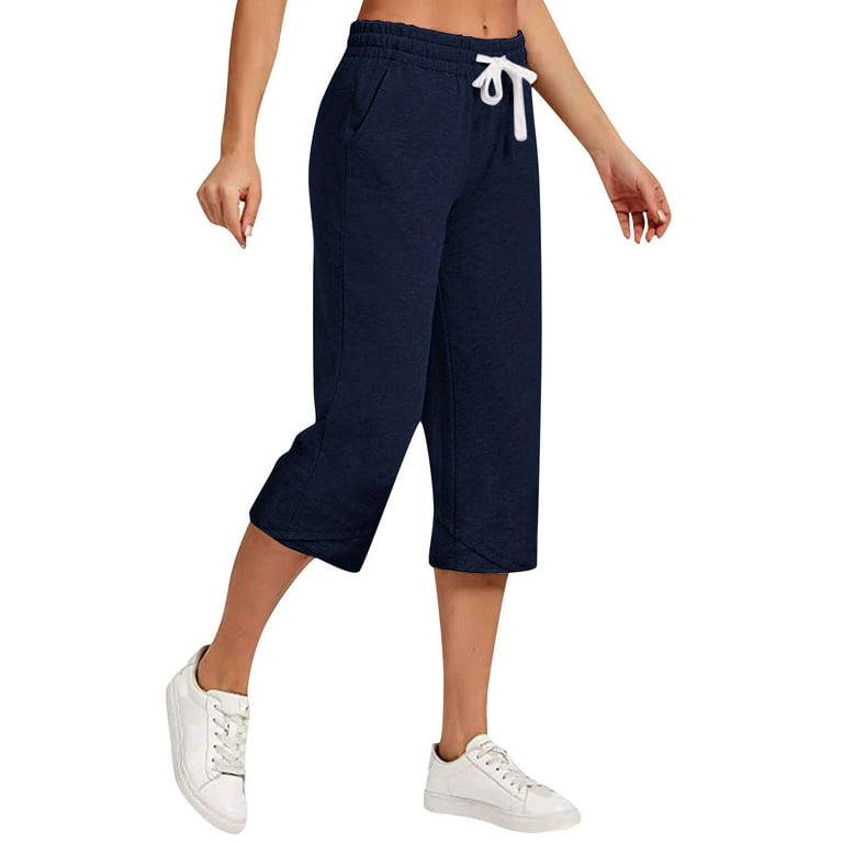 Womens Capri Lounge Pants Elastic High Waisted Drawstring Slacks Capris  Summer Casual Solid Color 3/4 Pants (Medium, Navy)