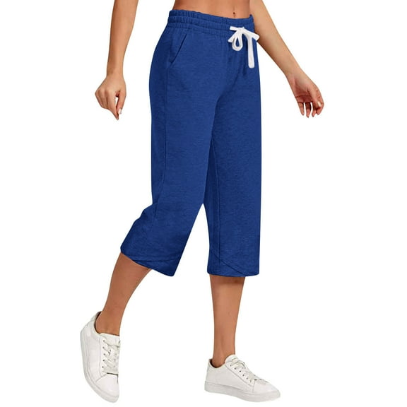 Wycnly on Sale Capris for Women Womens Capri Pants Plus Size Casual Solid Drawstring Elastic Waist Linen Cropped Trousers Loose Wide Leg Leisure Wear 3/4 Pants with Pocket
