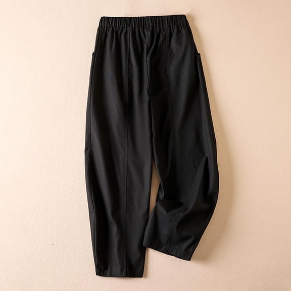 Wycnly on Sale Cropped Pants for Women Loose Straight Leg Pants for Women Casual Solid Elastic Waist Cropped Harem Pants Leisure Plus Size Cotton Linen Trousers with Pocket