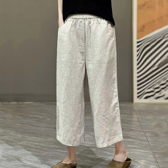 Wycnly on Sale Cropped Pants for Women Womens Casual Cropped Pants Vintage Cotton Linen Solid Loose Straight Leg Trousers Summer Elastic Waist Ladies Crop Pants with Pocket