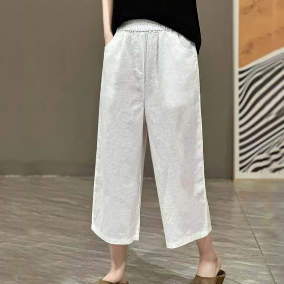 Wycnly on Sale Cropped Pants for Women Womens Casual Cropped Pants Vintage Cotton Linen Solid Loose Straight Leg Trousers Summer Elastic Waist Ladies Crop Pants with Pocket