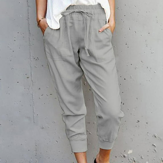 Wycnly on Sale Cropped Pants for Women Womens Jogger Pants Casual Solid Drawstring Elastic Waist Cropped Trousers Summer Vintage Cotton Linen Plus Size Pants with Pocket