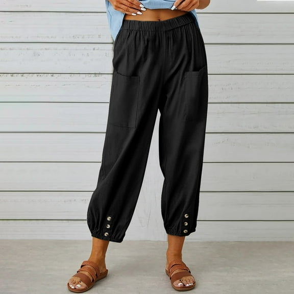 Wycnly on Sale Pants for Women Casual Pants for Womens Fashion Elastic Waist Solid Cotton Linen Long Pants Vintage Cotton Linen Loose Button Jogger Trousers with Pocket