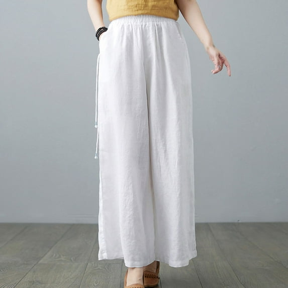 Wycnly on Sale Pants for Women Trousers for Women Fashion Drawstring Elastic Waist Loose Straight Leg Pants Vintage Cotton Linen Casual Ladies Long Pants with Pocket