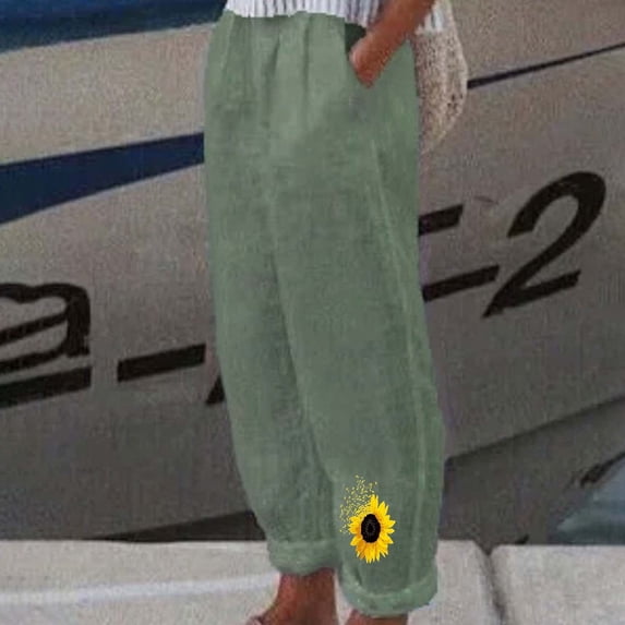 Wycnly on Sale Pants for Women Trousers for Women Vintage Cotton Linen Plus Size Loose Straight Leg Pants Fashion Sunflower Print Elastic Waist Long Pants with Pockets