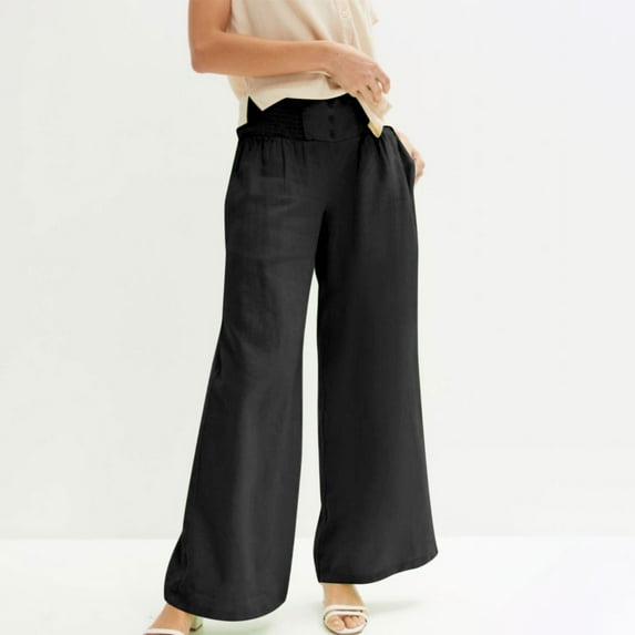 Wycnly on Sale Pants for Women Womens Casual Long Pants Fashion Button High Waist Breathable Cotton Linen Palazzo Pants Solid Loose Wide Leg Leisure Trousers with Pocket