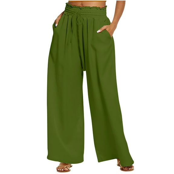 Wycnly on Sale Pants for Women Womens Drawstring Elastic Waist Pants Casual Solid Pleated Loose Wide Leg Palazzo Trousers Ladies Fall Lightweight Pocket Long Pants