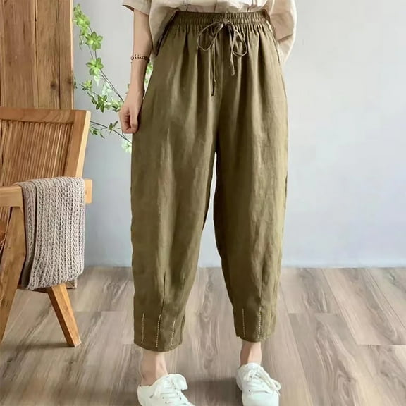 Wycnly on Sale Pants for Women Womens Elastic Waist Drawstring Pants Casual Solid Loose Straight Leg Harem Trousers Fall Cotton Linen Leisure Ladies Long Pants with Pocket