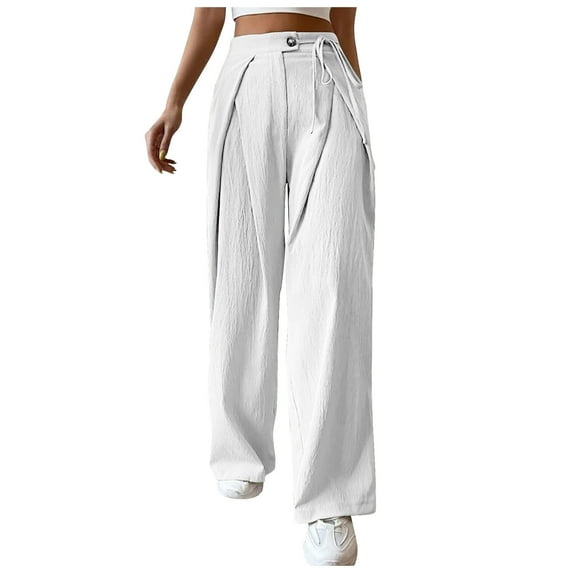 Wycnly on Sale Pants for Women Womens Loose Straight Leg Trousers Casual Solid Button High Waist Long Pants Lightweight Cotton Linen Smocked Pocket Pants with Tie
